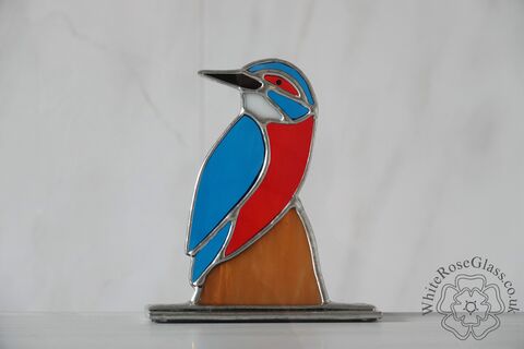 Large,Freestanding,Kingfisher,On,Post,Wild Animals, Suncatcher, Stained Glass, Glass Ornament, Home Decoration, Kingfisher, British Birds