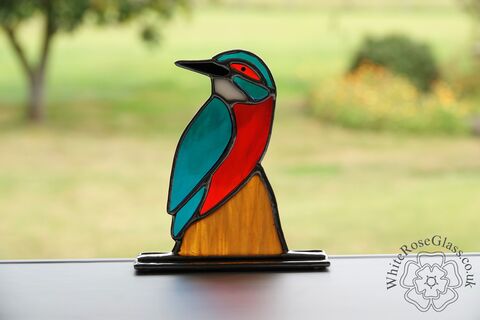 Large,Freestanding,Kingfisher,On,Post,Wild Animals, Suncatcher, Stained Glass, Glass Ornament, Home Decoration, Kingfisher, British Birds