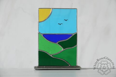 Freestanding,Panel,-,Hills,/,The,Sea,Landscape,Suncatcher, Gift, Home Decoration, Glass Ornament, Hills, Sea, Sun, Landscape