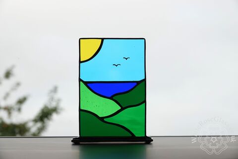 Freestanding,Panel,-,Hills,/,The,Sea,Landscape,Suncatcher, Gift, Home Decoration, Glass Ornament, Hills, Sea, Sun, Landscape