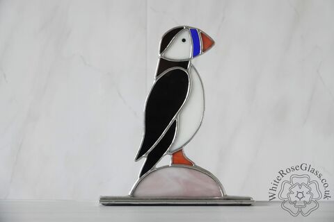 Freestanding,Puffin,On,Rock,Stained Glass, Glass Ornament, Gift, Cooper Foil, Puffin on Rock, British Birds
