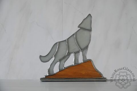 Freestanding,Howling,Wolf,Small,Stained Glass, Glass Ornament, Gift, Cooper Foil, Howling Wolf Moon