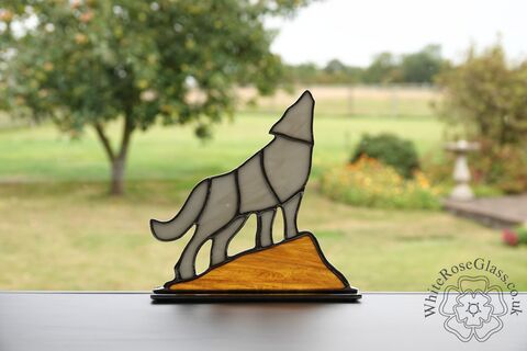 Freestanding,Howling,Wolf,Small,Stained Glass, Glass Ornament, Gift, Cooper Foil, Howling Wolf Moon