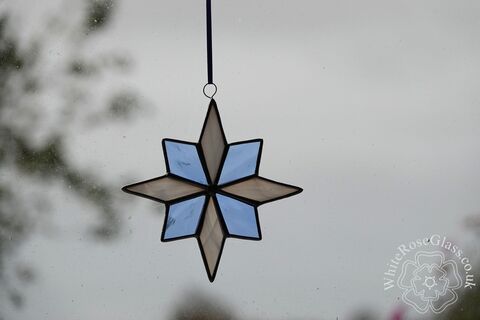 Star,Snowflake,White,+,Pale,Blue,Suncatcher,-,8-Point,star, stained glass, gift, decoration, suncatcher, snowflake