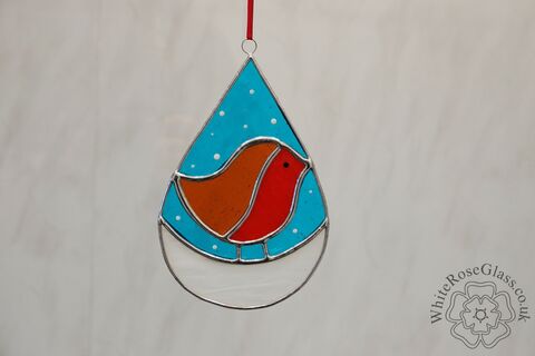 Robin,Teardrop,Blue,Snow,Scene,Suncatcher,Wild Animals, Suncatcher, Stained Glass, Glass Ornament, Home Decoration, Birds, Robin, Snow