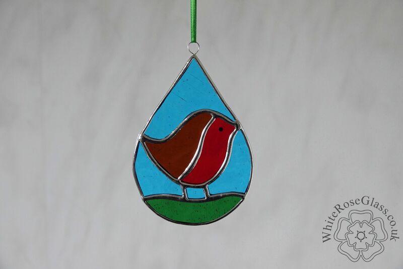 Robin on Grass Teardrop Suncatcher - product image  