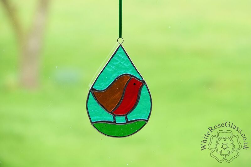 Robin on Grass Teardrop Suncatcher - product image  