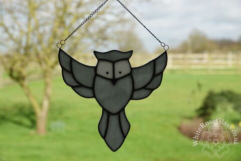 Owl,Flying,Cartoon,-,Grey/White,Suncatcher, Gift, Home Decoration, British Birds, Owl, Cartoon