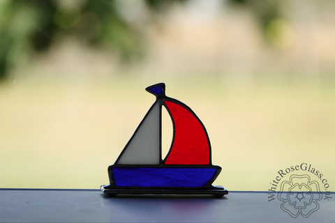 Freestanding,Boat,Sailing,-,Red,,White,/,Blue,Suncatcher, Gift, Home Decoration, Sailing Boat, Glass Ornament