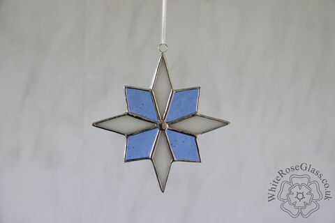 Star,Snowflake,White,+,Pale,Blue,Suncatcher,-,8-Point,star, stained glass, gift, decoration, suncatcher, snowflake