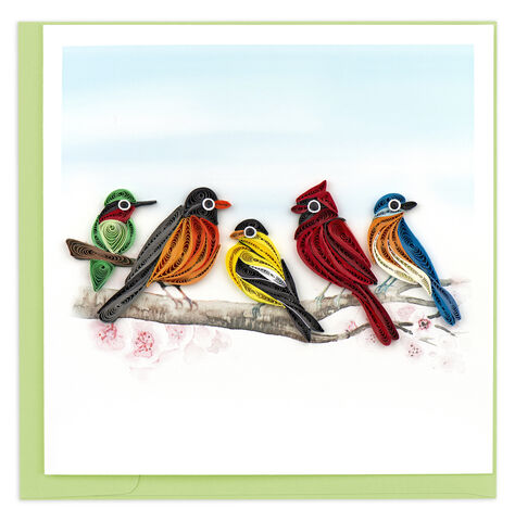 Quilling,Card,-,Five,Colourful,Perched,Songbirds,Quilling Cards, keepsake, Frame, Hand-Crafted, Gift, embellished, Hand-Finished, Five Colourful Perched Songbirds