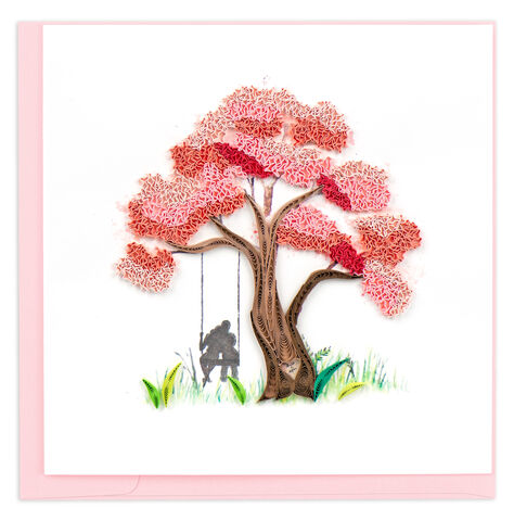 Quilling,Card,-,Couple,On,Swing,Beneath,Cherry,Blossom,Tree,Quilling Cards, keepsake, Frame, Hand-Crafted, Gift, embellished, Hand-Finished, Couple On Swing Beneath Cherry Blossom Tree