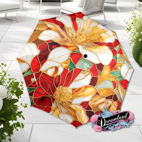 Gold,Red,White,Flower,Umbrella,Romantic,Magnolia,Floral,Art,Nouveau,Faux,Stained,Glass,Parasol,Semi-Automatic,Waterproof,Foldable,rain_umbrella,unique_umbrella,uv_umbrella,sun_umbrella,unique_gift,flower_umbrella,boho_umbrella,cute_umbrella,gift_for_her,stained_umbrella,red_umbrella,white_umbrella,gold_umbrella