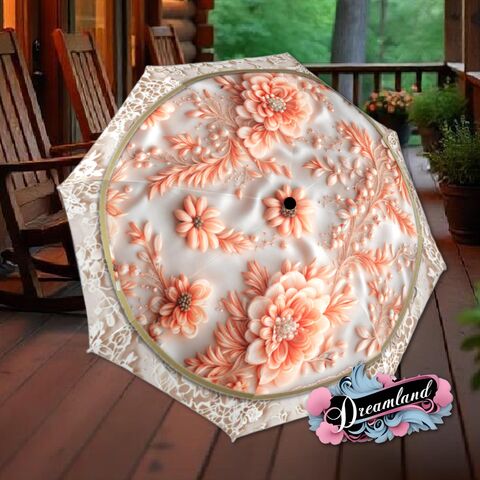 Cream,Umbrella,Art,Nouveau,Printed,Flowers,Floral,Peach,Parasol,Semi-Automatic,Waterproof,Foldable,rain_umbrella,sun_umbrella,uv_umbrella,blue_umbrella,stained_umbrella,travel_umbrella,unique_umbrella,gift_for_her,cute_umbrella,flower_umbrella,sun_parasol,cream_umbrella,pink_umbrella