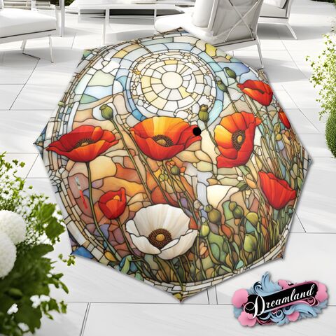 Red,White,Flower,Romantic,Umbrella,Poppy,Blossoms,Faux,Stained,Glass,Parasol,Semi-Automatic,Waterproof,Foldable,rain_umbrella,unique_umbrella,uv_umbrella,sun_umbrella,unique_gift,flower_umbrella,boho_umbrella,cute_umbrella,gift_for_her,stained_umbrella,sakura_umbrella,poppy_umbrella,red_umbrella