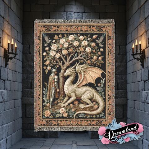 Medieval,Woven,Blanket,Dragon,Knight,Tapestry,Wall,Hanging,Dark,Academia,Throw,Fairycore,Forest,Folk,Cottagecore,Fantasy,Art,Decor