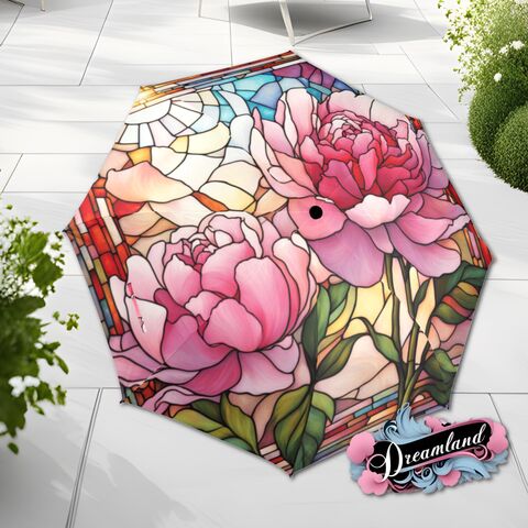Pink,Floral,Faux,Stained,Glass,Umbrella,Cottagecore,Art,Nouveau,Peony,Flower,Parasol,Semi-Automatic,Waterproof,Foldable,rain_umbrella,sun_umbrella,uv_umbrella,stained_umbrella,flower_umbrella,gift_for_her,unique_gift,flower_parasol,waterproof_umbrella,travel_umbrella,foldable_umbrella,pink_umbrella