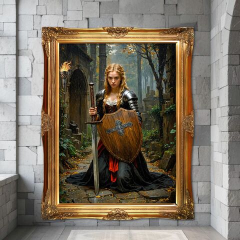 Lady,Knight,Art,Painting,Print,Medieval,Warrior,Sword,Dark,Academia,Wall,Oil,Moody