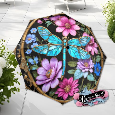 Dragonfly,Flowers,Umbrella,Romantic,Purple,Blue,Gold,Art,Nouveau,Faux,Stained,Glass,Parasol,Semi-Automatic,Waterproof,Foldable,rain_umbrella,unique_umbrella,uv_umbrella,sun_umbrella,unique_gift,flower_umbrella,cute_umbrella,gift_for_her,stained_umbrella,spring_umbrella,purple_umbrella,gold_umbrella,dragonfly_umbrella