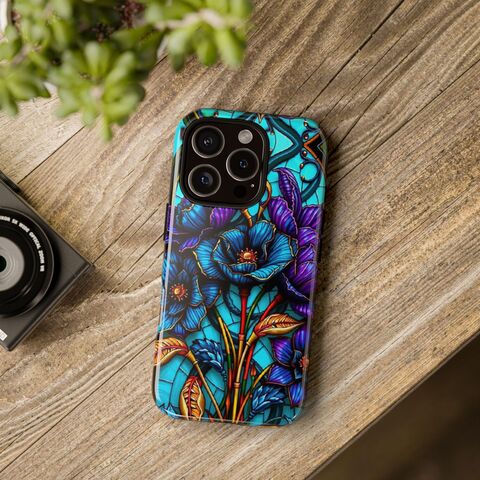 Teal,Purple,Gothic,Flower,Tough,Phone,Case,Art,Nouveau,Faux,Stained,Glass,iPhone,16,15,14,13,12,11,Galaxy,S24,S23,S22,And,More