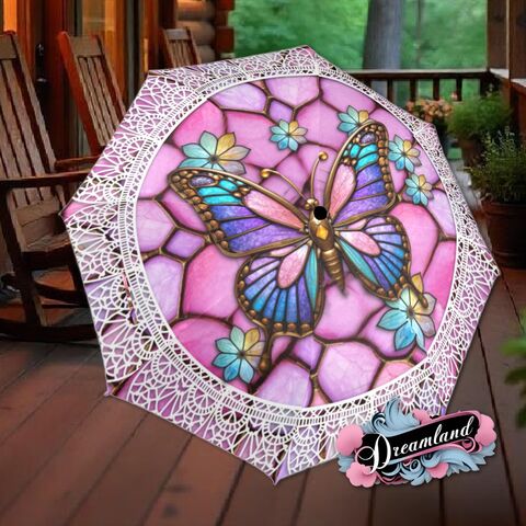Pink,Butterfly,Umbrella,Romantic,Printed,Lace,Flowers,Floral,Art,Nouveau,Faux,Stained,Glass,Semi-Automatic,Waterproof,Foldable,rain_umbrella,unique_umbrella,uv_umbrella,sun_umbrella,unique_gift,flower_umbrella,cute_umbrella,gift_for_her,stained_umbrella,poppy_umbrella,spring_umbrella,pink_umbrella,butterfly_umbrella