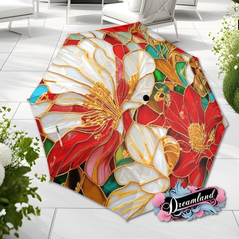 Red,White,Flower,Umbrella,Romantic,Magnolia,Floral,Art,Nouveau,Faux,Stained,Glass,Parasol,Semi-Automatic,Waterproof,Foldable,rain_umbrella,unique_umbrella,uv_umbrella,sun_umbrella,unique_gift,flower_umbrella,boho_umbrella,cute_umbrella,gift_for_her,stained_umbrella,red_umbrella,white_umbrella,red_parasol