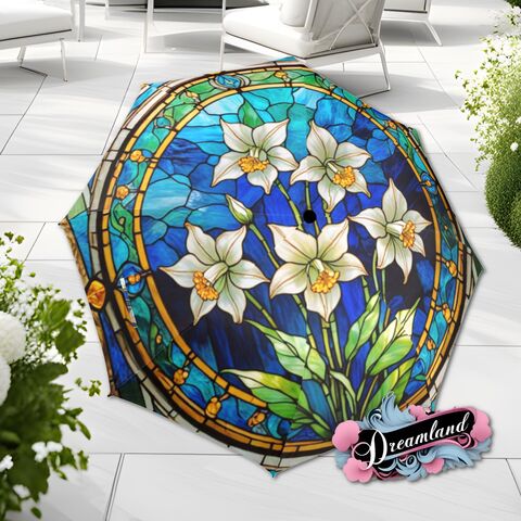 Spring,Lily,Flowers,Umbrella,Romantic,Floral,Art,Nouveau,Faux,Stained,Glass,Parasol,Semi-Automatic,Waterproof,Foldable,rain_umbrella,unique_umbrella,uv_umbrella,sun_umbrella,unique_gift,flower_umbrella,cute_umbrella,gift_for_her,stained_umbrella,spring_umbrella,lily_flowers,blue_umbrella