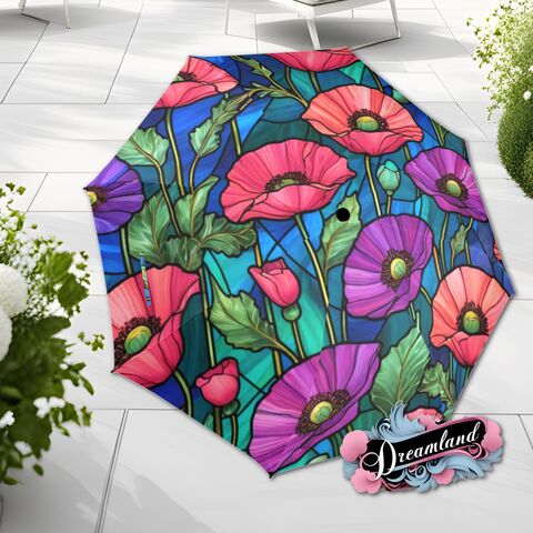 Purple,Red,Flowers,Umbrella,Romantic,Poppy,Floral,Art,Nouveau,Faux,Stained,Glass,Parasol,Semi-Automatic,Waterproof,Foldable,rain_umbrella,unique_umbrella,uv_umbrella,sun_umbrella,unique_gift,flower_umbrella,cute_umbrella,gift_for_her,stained_umbrella,poppy_umbrella,red_umbrella,spring_umbrella,purple_umbrella
