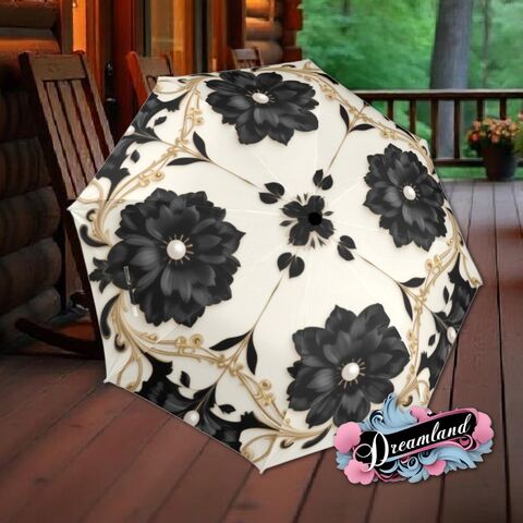 Flower,Black,Cream,Umbrella,Romantic,Floral,Art,Nouveau,Victorian,Gothic,Parasol,Semi-Automatic,Waterproof,Foldable,rain_umbrella,unique_umbrella,uv_umbrella,sun_umbrella,unique_gift,flower_umbrella,cute_umbrella,gift_for_her,stained_umbrella,gothic_umbrella,gothic_parasol,black_umbrella,white_umbrella