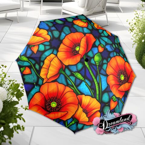 Red,Blue,Flowers,Umbrella,Romantic,Poppy,Floral,Art,Nouveau,Faux,Stained,Glass,Parasol,Semi-Automatic,Waterproof,Foldable,rain_umbrella,unique_umbrella,uv_umbrella,sun_umbrella,unique_gift,flower_umbrella,cute_umbrella,gift_for_her,stained_umbrella,poppy_umbrella,red_umbrella,red_parasol,spring_umbrella