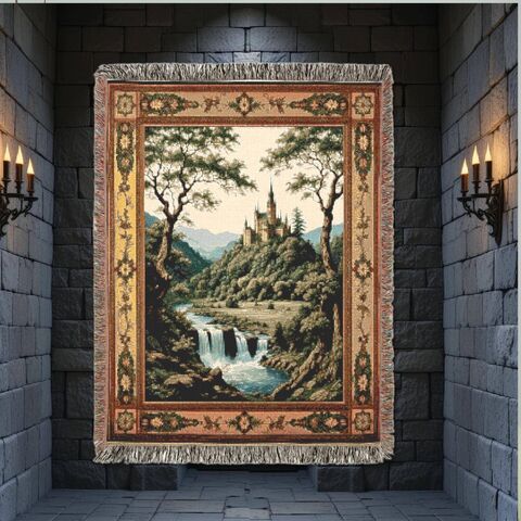 Castle,Medieval,Tapestry,Waterfall,Forest,Woven,Cotton,Blanket,Wall,Hanging,Dark,Throw,Art,Decor