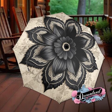 Boho,Black,Umbrella,Art,Nouveau,Printed,Flowers,Floral,Cream,Parasol,Semi-Automatic,Waterproof,Foldable,rain_umbrella,sun_umbrella,uv_umbrella,blue_umbrella,stained_umbrella,travel_umbrella,unique_umbrella,gift_for_her,cute_umbrella,flower_umbrella,sun_parasol,black_umbrella,boho_umbrella