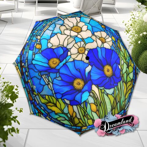 Umbrella,Romantic,Blue,White,Poppy,Flowers,Art,Nouveau,Floral,Faux,Stained,Glass,Parasol,Semi-Automatic,Waterproof,Foldable,rain_umbrella,unique_umbrella,uv_umbrella,sun_umbrella,unique_gift,flower_umbrella,boho_umbrella,cute_umbrella,gift_for_her,stained_umbrella,blue_umbrella,poppy_umbrella,blue_parasol