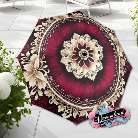 Red,Burgundy,Cream,Umbrella,Art,Nouveau,Unique,Style,Printed,Faux,Flower,Lace,Parasol,Semi-Automatic,Waterproof,Foldable,rain_umbrella,sun_umbrella,uv_umbrella,travel_umbrella,unique_umbrella,gift_for_her,cute_umbrella,flower_umbrella,sun_parasol,red_umbrella,red_parasol,cream_umbrella