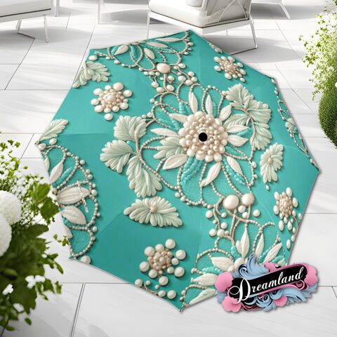 Turquoise,Blue,Floral,Unique,Umbrella,Art,Nouveau,Style,Printed,Faux,Flower,Beads,Parasol,Semi-Automatic,Waterproof,Foldable,rain_umbrella,sun_umbrella,uv_umbrella,travel_umbrella,unique_umbrella,gift_for_her,cute_umbrella,flower_umbrella,sun_parasol,japanese_umbrella,blue_umbrella,teal_umbrella,turquoise_umbrella