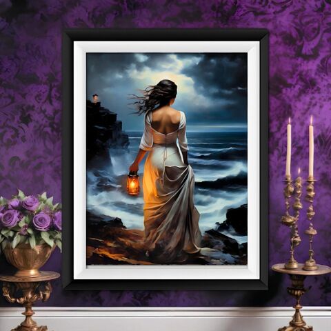 Wall,Art,Print,Oil,Painting,Lady,Of,The,Sea,Dark,Academia,Seascape,Nocturne,Victorain,Moody,dark_academia_decor,dark_academia_print,dark_academia_art,halloween_decor,gothic_wall_art,gothic_painting,dark_moody_painting,victorian_painting,victorian_print,lady_white_painting,woman_white_print,sea_painting,sea_print