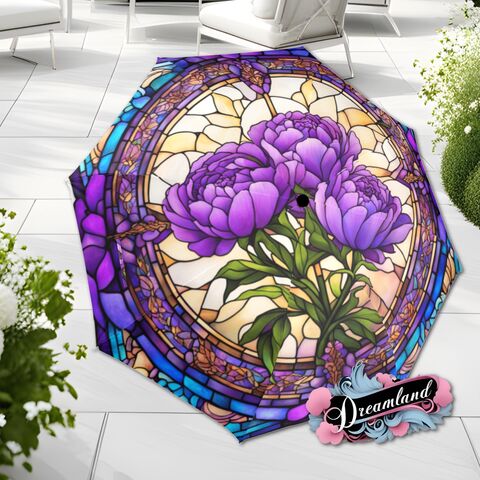 Purple,Flower,Umbrella,Romantic,Art,Nouveau,Floral,Peony,Blossoms,Faux,Stained,Glass,Parasol,Semi-Automatic,Waterproof,Foldable,rain_umbrella,unique_umbrella,uv_umbrella,sun_umbrella,unique_gift,flower_umbrella,boho_umbrella,cute_umbrella,gift_for_her,stained_umbrella,purple_umbrella,purple_parasol,mom_gift