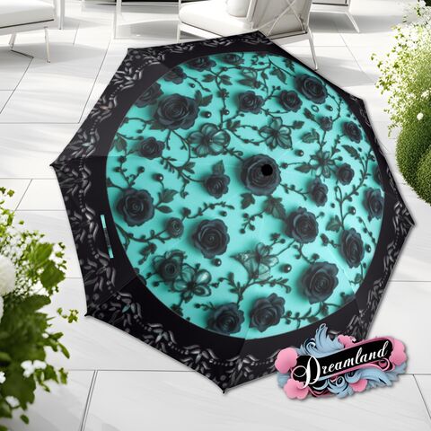 Gothic,Teal,Black,Umbrella,Flower,Roses,Romantic,Art,Nouveau,Floral,Faux,Printed,Lace,Parasol,Semi-Automatic,Waterproof,Foldable,rain_umbrella,unique_umbrella,uv_umbrella,sun_umbrella,unique_gift,flower_umbrella,boho_umbrella,cute_umbrella,gift_for_her,gothic_umbrella,gothic_fashion,teal_umbrella