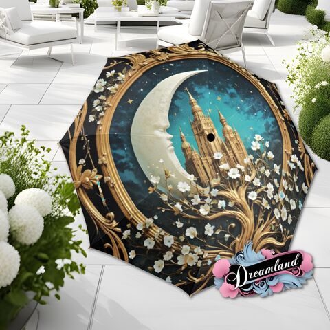 Moon,Umbrella,Art,Nouveau,Printed,Castle,Blue,Gold,Parasol,Semi-Automatic,Waterproof,Foldable,rain_umbrella,sun_umbrella,uv_umbrella,blue_umbrella,travel_umbrella,unique_umbrella,gift_for_her,cute_umbrella,flower_umbrella,sun_parasol,sakura_umbrella,moon_umbrella,gold_umbrella