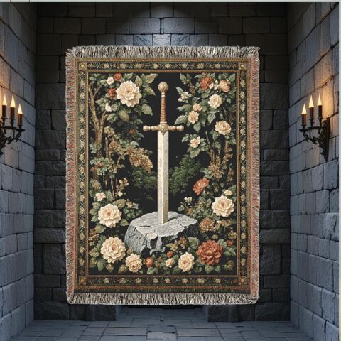 Medieval,Sword,Stone,Tapestry,Woven,Blanket,Camelot,Knight,Wall,Hanging,Dark,Academia,Throw,Folk,Art,Decor