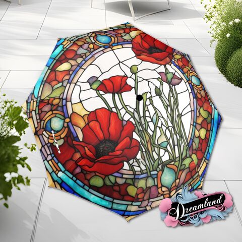 Poppy,Field,Flower,Red,White,Umbrella,Romantic,Floral,Blossoms,Faux,Stained,Glass,Parasol,Semi-Automatic,Waterproof,Foldable,rain_umbrella,unique_umbrella,uv_umbrella,sun_umbrella,unique_gift,flower_umbrella,boho_umbrella,cute_umbrella,gift_for_her,stained_umbrella,sakura_umbrella,poppy_umbrella,red_umbrella
