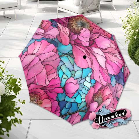Pink,Peony,Flower,Umbrella,Romantic,Art,Nouveau,Floral,Blossoms,Faux,Stained,Glass,Parasol,Semi-Automatic,Waterproof,Foldable,rain_umbrella,unique_umbrella,uv_umbrella,sun_umbrella,unique_gift,flower_umbrella,boho_umbrella,cute_umbrella,gift_for_her,stained_umbrella,valentines_gift,pink_umbrella,pink_parasol