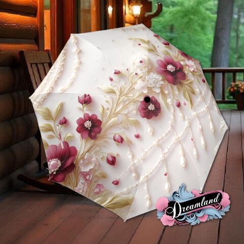 Burgundy,Cream,Flower,Umbrella,Art,Nouveau,Style,Unique,Printed,Faux,Floral,Beads,Parasol,Semi-Automatic,Waterproof,Foldable,rain_umbrella,sun_umbrella,uv_umbrella,travel_umbrella,unique_umbrella,gift_for_her,cute_umbrella,flower_umbrella,sun_parasol,japanese_umbrella,sakura_umbrella,white_umbrella,red_umbrella