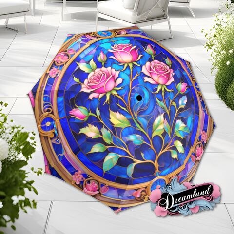 Pink,Rose,Umbrella,Romantic,Art,Nouveau,Floral,Blossoms,Faux,Stained,Glass,Parasol,Semi-Automatic,Waterproof,Foldable,rain_umbrella,unique_umbrella,uv_umbrella,sun_umbrella,unique_gift,flower_umbrella,boho_umbrella,cute_umbrella,gift_for_her,stained_umbrella,valentines_gift,pink_umbrella,rose_umbrella