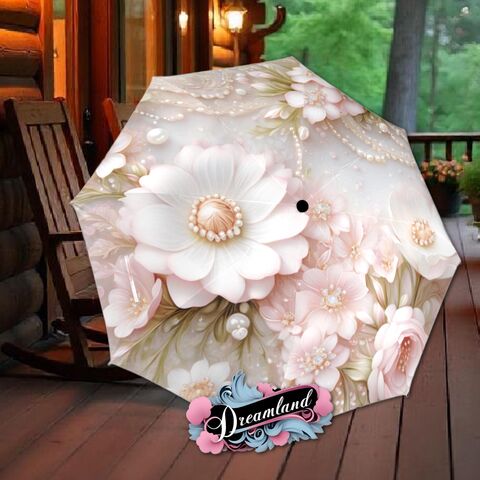 Pink,White,Flower,Unique,Umbrella,Art,Nouveau,Style,Printed,Faux,Floral,Beads,Parasol,Semi-Automatic,Waterproof,Foldable,rain_umbrella,sun_umbrella,uv_umbrella,travel_umbrella,unique_umbrella,gift_for_her,cute_umbrella,flower_umbrella,sun_parasol,japanese_umbrella,valentines_gift,pink_umbrella,white_umbrella