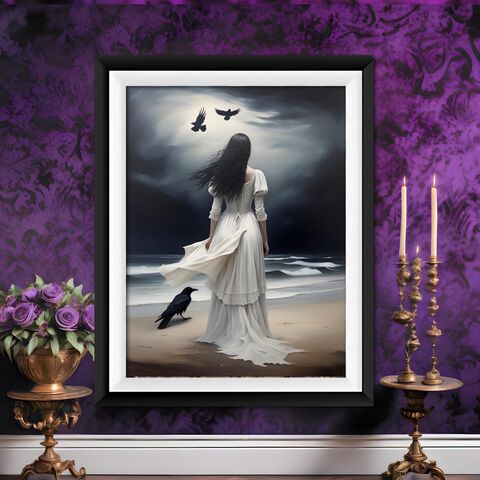 Oil,Painting,Print,Dark,Academia,Annabel,Lee,Edgar,Allan,Poe,Inspired,Nocturne,Victorain,Moody,Wall,Art,dark_academia_print,dark_academia_art,dark_academia_decor,poe_print,poe_painting,dark_aesthetic_print,gothic_print,gothic_painting,dark_academia,poe_annabel_lee,halloween_art,witchy_print,lady_white_print