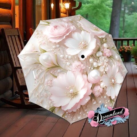 Pink,White,Unique,Umbrella,Flower,Floral,Art,Nouveau,Style,Printed,Faux,Beads,Parasol,Semi-Automatic,Waterproof,Foldable,rain_umbrella,sun_umbrella,uv_umbrella,travel_umbrella,unique_umbrella,gift_for_her,cute_umbrella,flower_umbrella,sun_parasol,japanese_umbrella,valentines_gift,white_umbrella,pink_umbrella