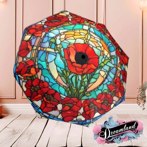 Floral,Umbrella,Red,Stained,Glass,Art,Nouveau,Poppies,Parasol,Semi-Automatic,Waterproof,Foldable,rain_umbrella,uv_umbrella,sun_umbrella,red_umbrella,waterproof_umbrella,travel_umbrella,stained_umbrella,glass_umbrella,flower_umbrella,unique_gift,unique_umbrella,pocket_umbrella,gift_for_her