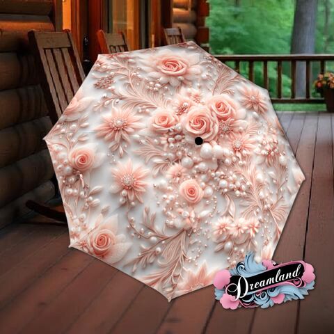 Umbrella,Peach,Roses,Romantic,Flower,Floral,Art,Nouveau,Style,Printed,Faux,Lace,Parasol,Semi-Automatic,Waterproof,Foldable