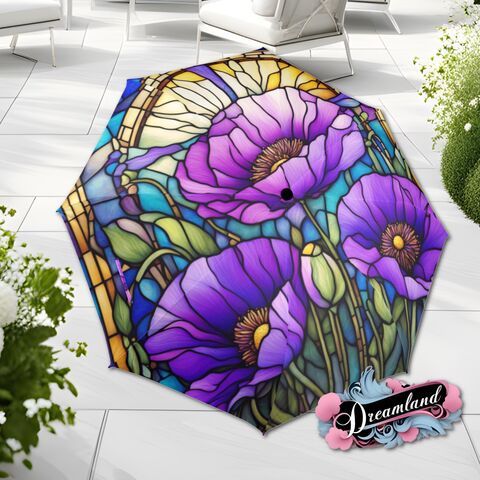Purple,Umbrella,Romantic,Floral,Poppy,Blossoms,Faux,Stained,Glass,Flower,Parasol,Semi-Automatic,Waterproof,Foldable,rain_umbrella,unique_umbrella,uv_umbrella,sun_umbrella,unique_gift,flower_umbrella,boho_umbrella,cute_umbrella,gift_for_her,stained_umbrella,sakura_umbrella,poppy_umbrella,purple_umbrella